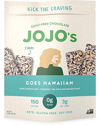 JOJO's Goes Hawaiian Sugar-Free Guilt-Free Chocolate, Macadamia Nuts, Coconut, Sea Salt, and Plant Based Protein - 8.4oz Bag(7 Bars) I Low Carb I KETO I Paleo & Vegan Friendly
