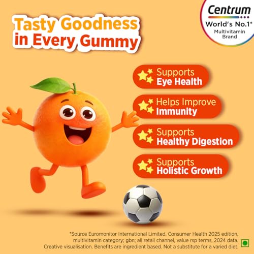 Image of Centrum Kids- Multivitamin Gummies for Kids | Non-Habit Forming | With Zinc, Vitamin B, C, D for Overall Growth, Healthy Digestion, Eye Health, Immunity | Tasty Orange Flavour | Veg - 50 gummies