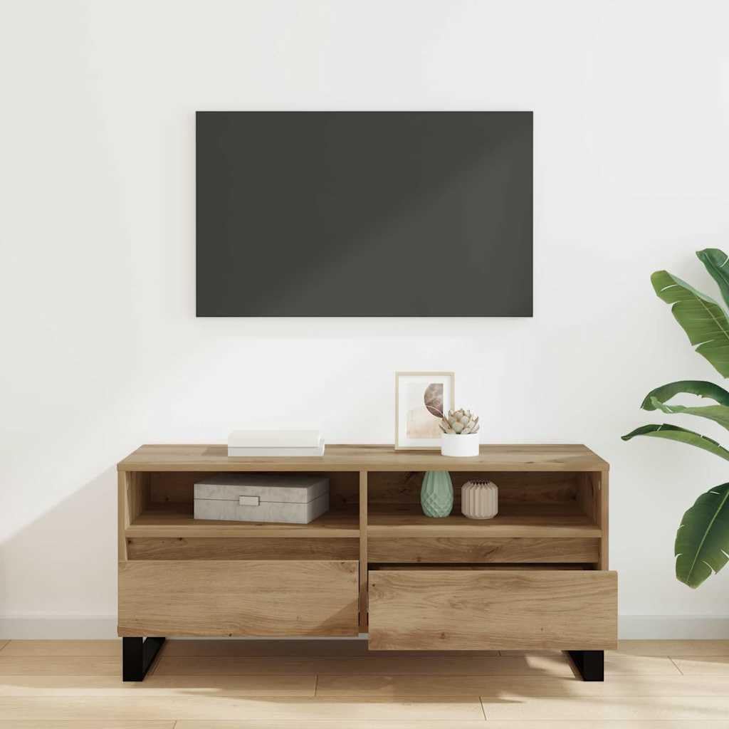 39-Inch Engineered Wood TV Stand with Drawer, Artisan Oak | Measures 39.4 x 13.6 x 17.5 inches, featuring open storage compartments for consoles and media devices in the living room.