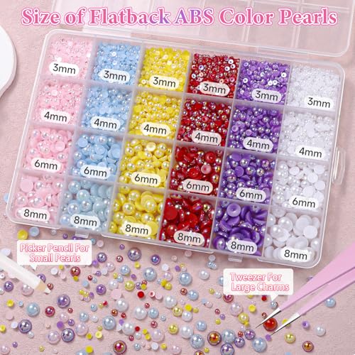 Image of 9000Pcs Flatback Pearls for Crafting, Pink Blue Red Purple White Half Pearls Beads, 3-8mm Color Half Round ABS Flatback Pearl Beads Gems Bedazzling for Nails Art Crafts DIY Shoes Clothes Bags