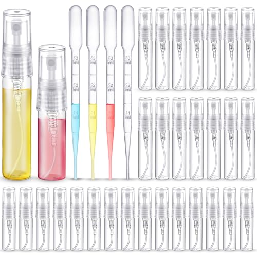 60 Pcs Clear Mini Glass Perfume Sample Spray Bottle, 5ml & 3ml Glass Decants for Perfumes Refillable with 10 Pcs 3ml Pipette, Portable Fine Mist Perfume Atomizer for Travel