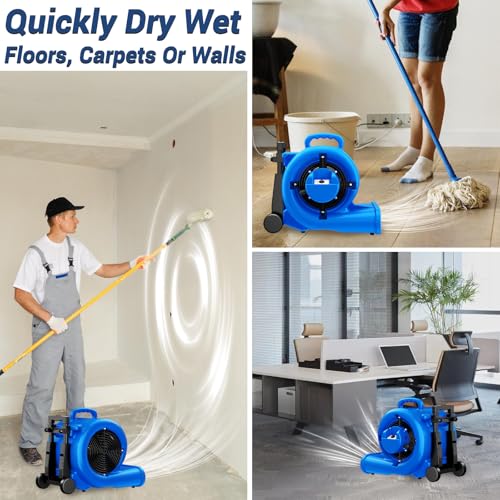 BSMTEK 5000 CFM 1HP Air Mover Blower Fan, Floor Blower Dryer - Timer for Industria, 3 Speeds, 4 Adjustable Angles, Handle Wheelkit, 15Ft Long Cord Portable, Stackable - 2025 Upgraded, Blue - Thumbnail 5