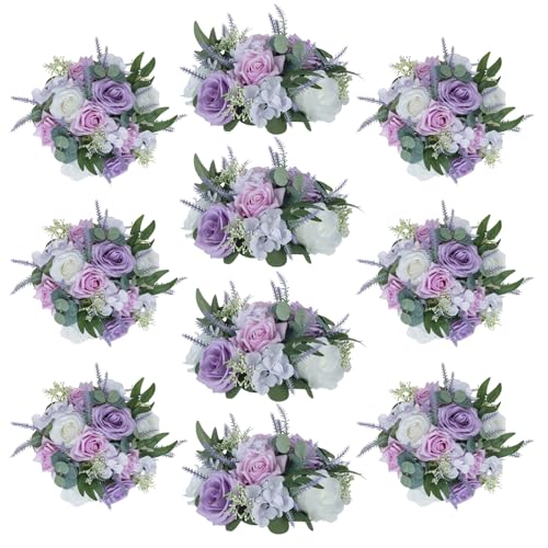 Inweder Flower Centerpieces for Wedding Tables: Purple and White, 10Pcs
