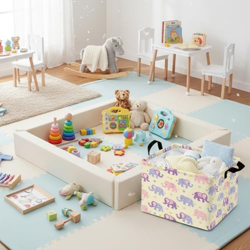 Image of Kid Cute Rectangle Storage Basket Baby Toy Clothes Storage Bin Nursery Playroom Bedroom Decor Basket (Pink&Purple Elephant)