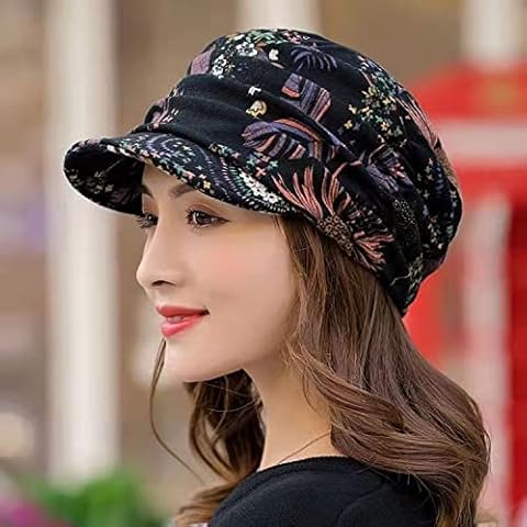 Oaiyeie Floral Pleated Short Brim hat,Folk style cap with soft hat brim, Women's warm hat in autumn and winter (Black) Cover