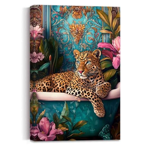ZSHDEYMTOP Funny Bathroom Leopard Wall Art Cheetah in Bathtub Pictures