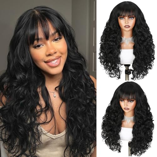 WIGER Curly Wavy Black Wig with Curtain Bangs Curly Layered
