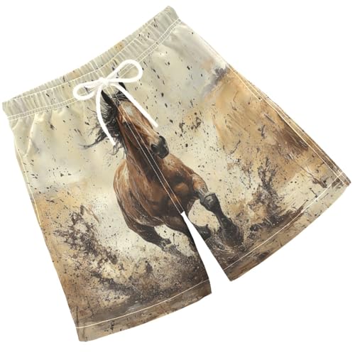 Pigsaly Boys' Swim Board Shorts Watercolor Tall Strong Brown Horse Boy's Swim Trunks Kids Swimwear M