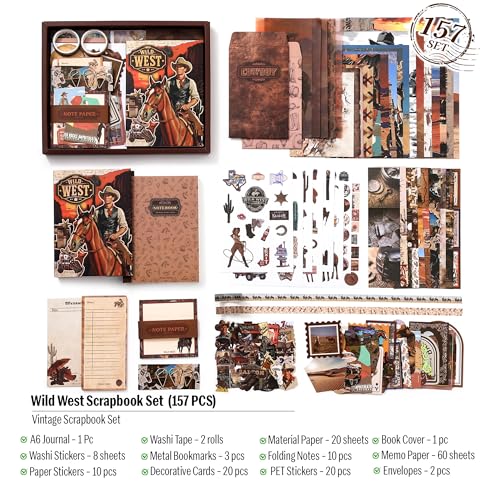 Image of The AutoStory Cowboy Scrapbook Album A6 Junk Journal Rustic Desert Stickers Vintage Rodeo Collage Paper Washi Tape DIY Craft Art Diary Supply Decor Present for Adults Teens (Wild West, Brown)
