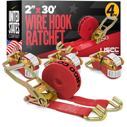 Ratchet Straps 2"x30 Ft 4-Pack – Red J Hook 10000 Lbs