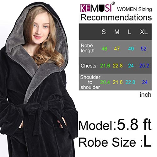 Kemusi Hooded Black Herringbone Women's Soft Spa Long Kimono Bathrobe,Comfy Full Length Warm Nightdress L #TOP2