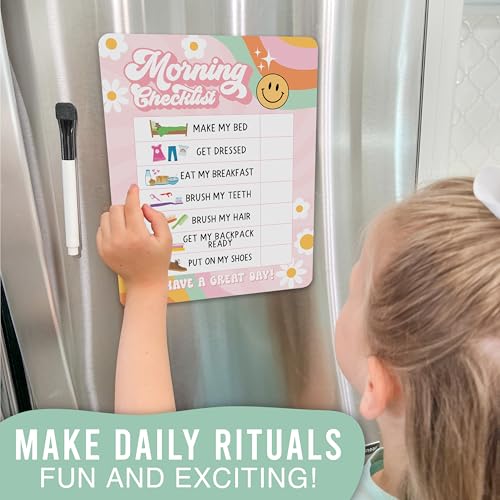 Image of Magnetic Morning & Bedtime Routine Chart for Kids - Customizable Toddler Daily Schedule Board with Dry Erase Surface, Stickers & Marker, Build Habits with Visual Checklists, Retro Theme