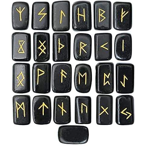 Crocon Black Agate Rectangle Shape Gemstone Runes with Elder Futhark Alphabet Engraved 25 pcs Rune Set Crystal Divination Metaphysical Healing Chakra Reiki Runes Set with a Pouch Size: 20-25mm Cover