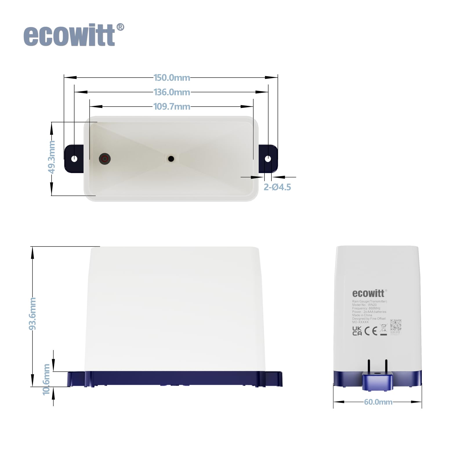 Ecowitt Mini WN20 Sensore pluviometrico + display digitale 3 in 1 ad alta precisione da 3,94 pollici con termometro-igrometro da interno, pluviometro con sistema di svuotamento automatico