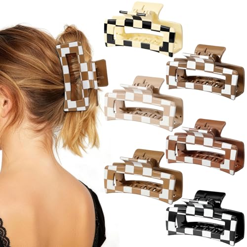 Auseibeely 6 Pcs Checkered Hair Clips for Women 4.1 Inch Large Square Claw Clips for Thick Hair Cute Checkerboard Hair Accessories Non-Slip Neutral Tone Banana Jaw Clip Black White Brown
