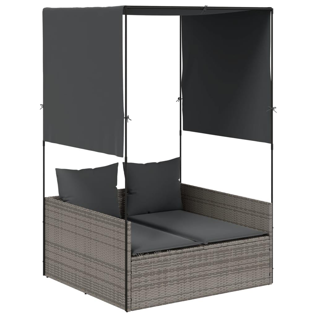 vidaXL Chaise Longue Double avec Toit et Rideaux Gris résine tressée