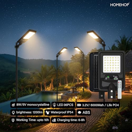 Image of Homehop Solar Light Outdoor Home Garden 100W Waterproof Street LED Wall Lamp | Solar Street Light Outdoor Automatic Wireless Motion Sensor Security for Pathway, Patio, Road with Pole (Warm, 6000mAh, ABS)