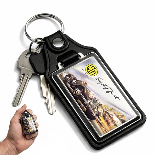 Brotherhood 1975 MG Safety First Ad Design Keychain Key Holder Faux Leather Key Ring For Men Heavy Duty Car Keyring For Men and Women