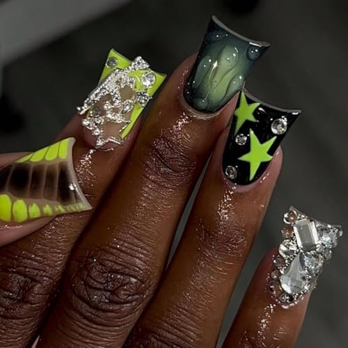 Image of Duck Press on Nails Green Black Fake Nails with Star Design Rhinestone Glue on Nails Alligator Print Nail press ons Ombre False Nail Glossy Acrylic Full Cover Stick on Nail for Women Manicure 24Pcs