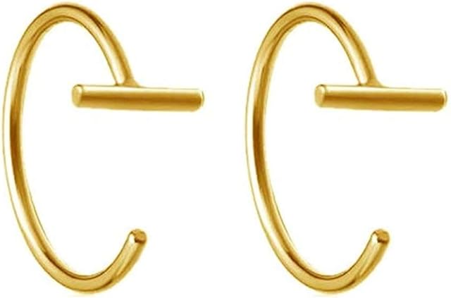 Stick T Bar Half Huggie Hoop Cuff Stud Earrings 925 Sterling Silver Small Minimalist Mini Hoops Cartilage Fashion Geometric Piercing Studs for Women Girls Sensitive Ears 14K Gold Plated