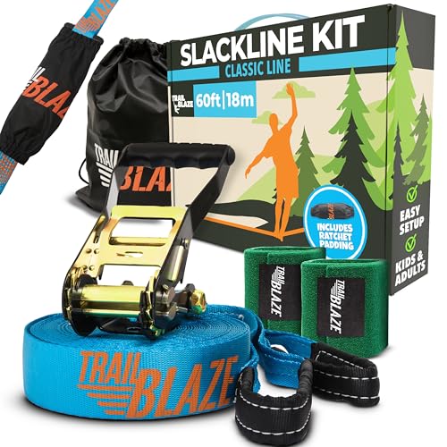 Complete Ninja Slackline Kit - 60ft Slack Line for Backyard for Kids & Adults - Wider Tree Protectors Slackline Kit for Ninja Warrior Obstacle Course for Kids Outdoor Playset (Essential Kit - Blue)