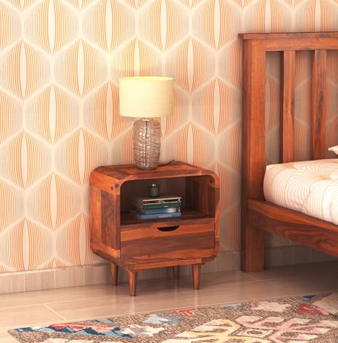 Image of Furniture Solid Sheesham Wood Bedside End Table with 1 Drawer and 1 Open Shelf Storage for Bedroom Wooden Nightstand Table Home Office (Honey Finish)