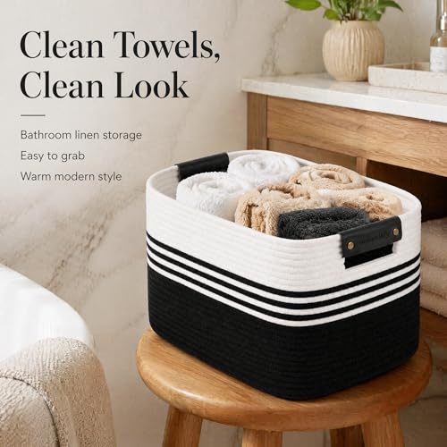 Image of Cotton Rope Laundry Basket Extra Large, 25.4GAL Collapsible Woven Storage Baskets for Living Room Kids Toys Stuffed Animal,Boho Rectangular Decorative Hamper for Dirty Clothes, Blankets White Black