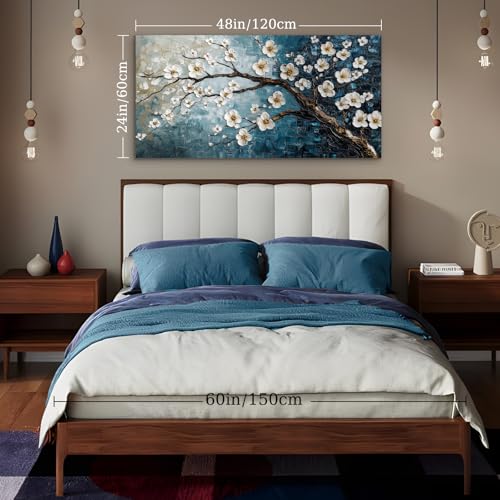 crmotu Large Wall Art for Living Room, Plum Blossom Tree Canvas Prints Paintings, Flowers Branch Room Decorations Artwork, Teal Blue Aesthetic Pictures Wall Decor for Bedroom Bathroom Office 24"X48"