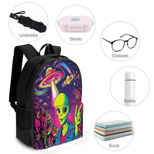 Backpack with Zippered Side Pockets, Unisex Trippy Space Alien Weed Art Breathable Backpack for Hiking, Gym, Fashion Adjustable Shoulder Bag4
