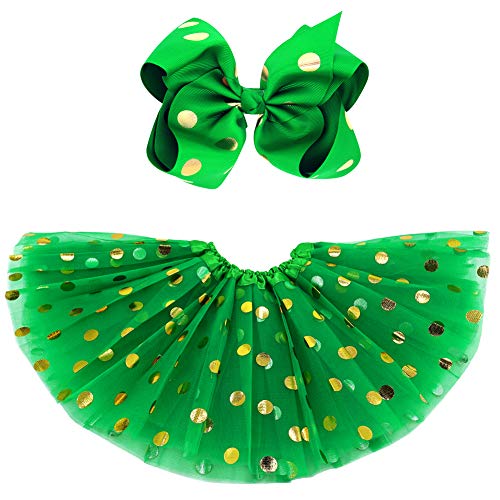 BGFKS 5 Layer Polka Dot Tutu Girls Tutu Skirt with hairbow,Gold Dot Tutu for Girls Dress Up(Green,1-3T)