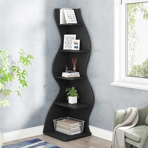 Image of Tribesigns Corner Shelf, Modern 5-Tier Wall Corner Bookshelf, Stylish Corner Small Bookcase Storage Rack Plant Stand with Unique Shape for Living Room, Home Office, (1PC, Black)