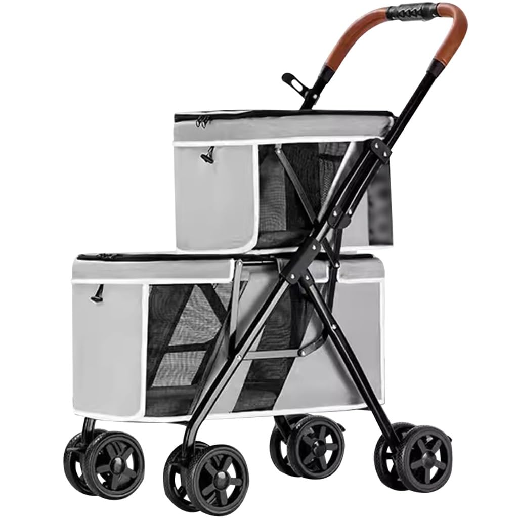 Pet Stroller Medium Double-Layer Large Space Dog Stroller, Breathable Visual Cat Stroller with Privacy Roller Blinds, Load Bearing 17kg/37.5lbs (Color : Grey, Size : 99.5 * 78 * 47cm)