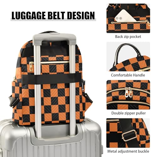 Image of ALAZA Black Orange Checkered Plaid Halloween Women Backpack Purse Ladies Fashion Shoulder Bag Daypack Travel Bag 7.5L