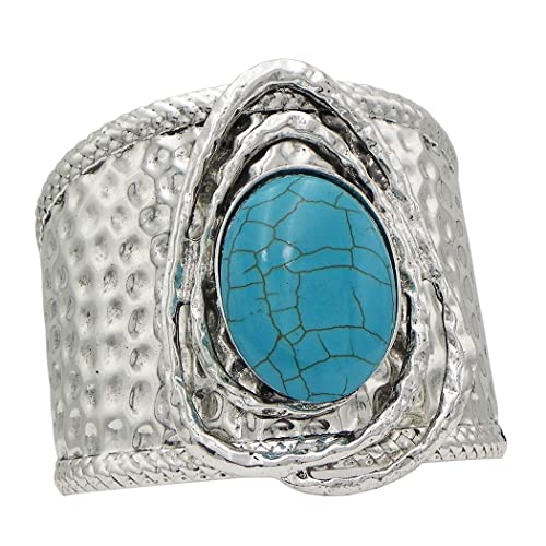 Rosemarie & Jubalee Women's Cowgirl Chic Western Semi Precious Turquoise Howlite Stone Hammered Silver Tone Open Cuff Statement Bracelet, 8" #TOP21