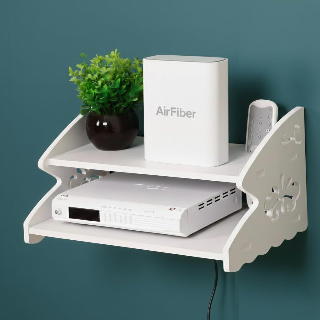 SS ARTS Wooden Set Top Box WiFi Router Wall Shelf ( Set of 1 , 32 cm x 24 cm x 10 cm, White)-image-34
