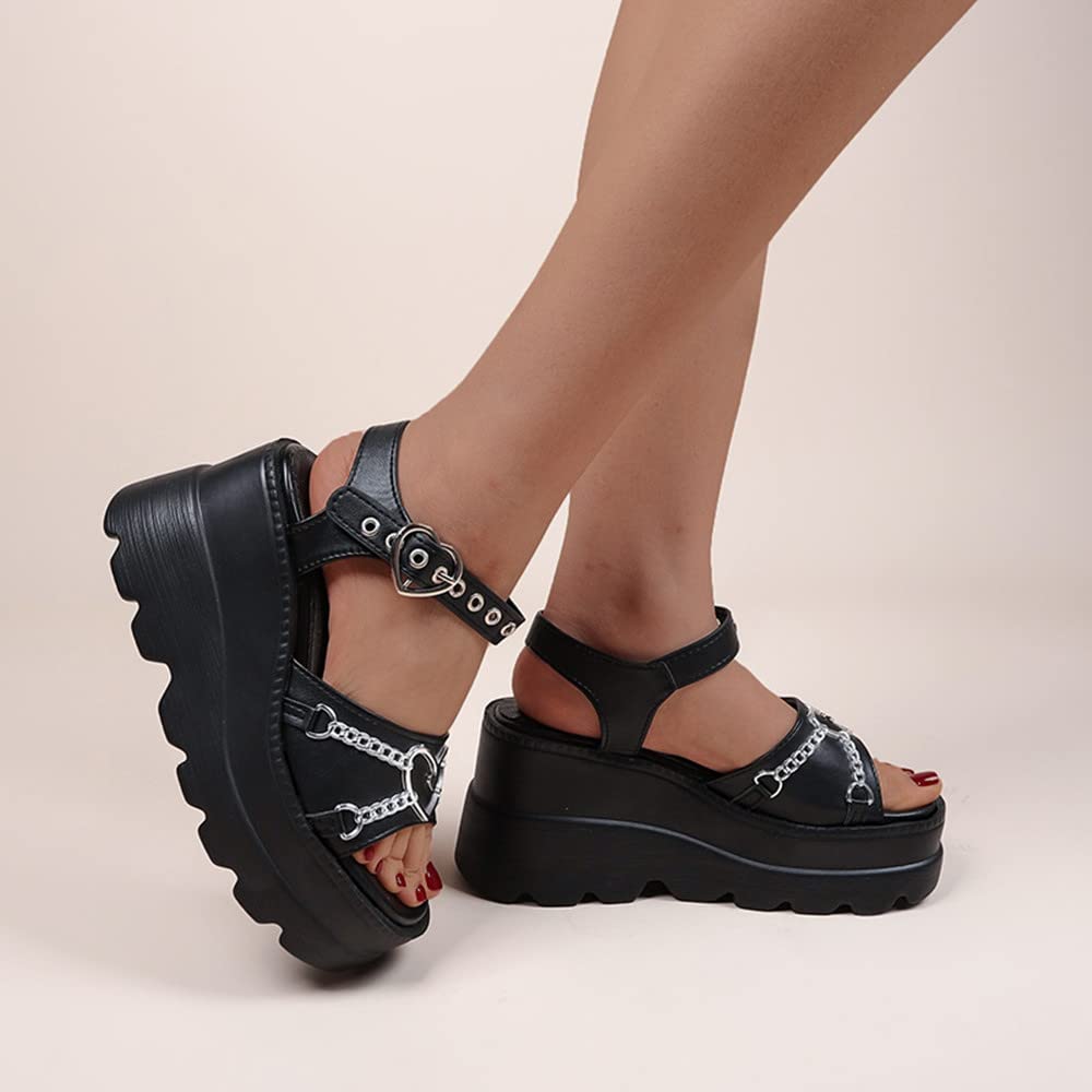 Gothniero women black platform sandals goth chunky wedge heel summer sandals girls gothic punk platform sandals for women metallic spider buckles slides size 5.5-11: 6 Black2