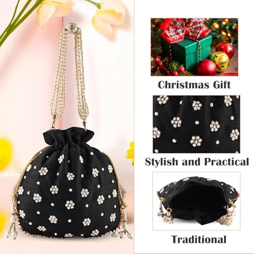 Image of Kuber Industries Potli Bags for Ladies & Girls | Women Shagun Pouches for Festive Seasons | Batwa Bag Bridal Purse With Moti Design - Black