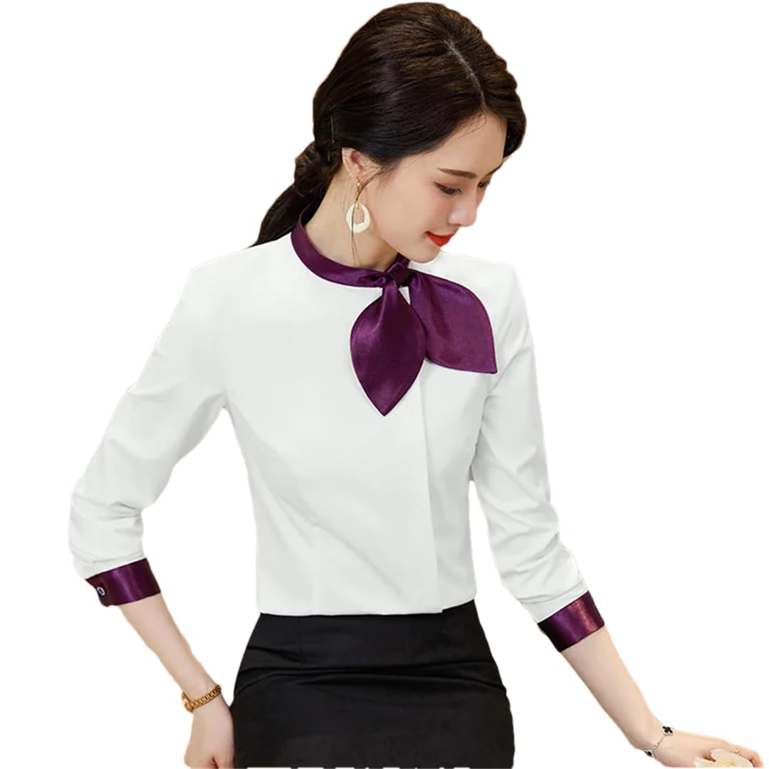 HEYDHSDC Camisa de manga larga para mujer, color azul, para oficina, negocios, formal, cuello de lazo, para trabajo
