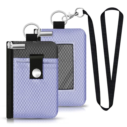 Image of Minimalist RFID Blocking Small Wallet with ID Window,WaterResistant Zip Id Case Wallet with Lanyard Keychain for Cards,Cash,Travel,Women,Men (Lavender Purple /DarkGrey)