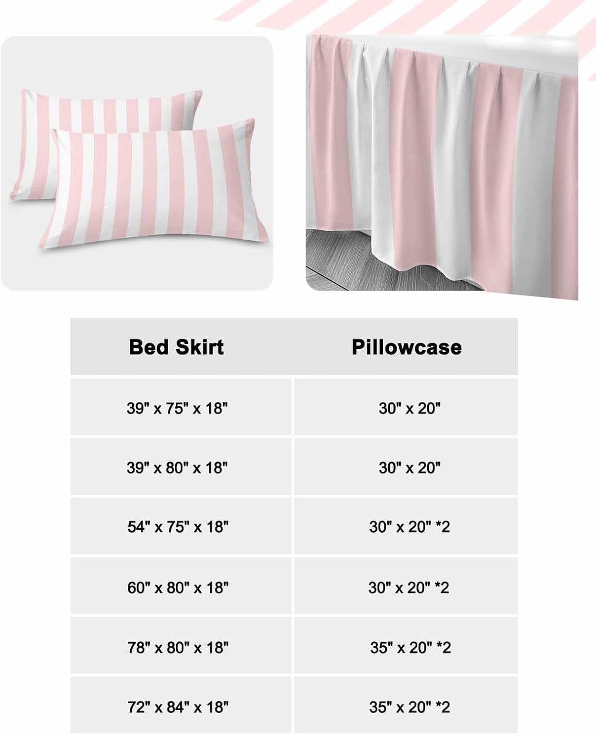 Bed Skirt for Twin Size Bed 18 Inches Drop Pink Stripes Ruffled Bedding Sheet Sets Soft Pink White Vertical Striped Wrap Around Bed Skirt Sheet Set with 2 Pillowcases for Bedroom All Season 39x75