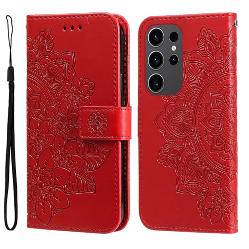 Étui compatible avec Samsung Galaxy S25 FE rouge - Coque portefeuille cuir fleur