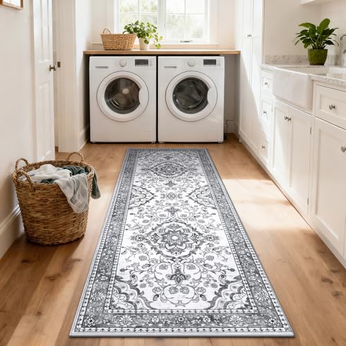 Evita resbalones con la alfombra pasillo larga lavable floral gris de 200cm 8