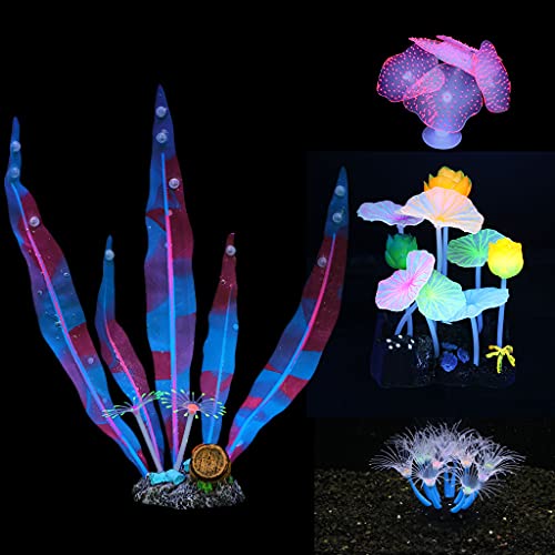 Image of Lpraer 4 Pack Glow Aquarium Decorations Kelp Lotus Anemone Sun Flower Simulation Glow Plant Glowing Effect Silicone for Fish Tank Decorations
