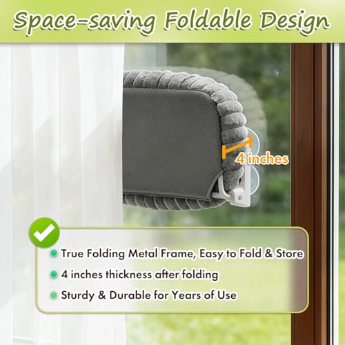 Image of Zoratoo 2PC Cat Window Perch with Bolster Foldable Cat Hammock Cushion Bed for Window with Metal Frame, Cloud-Cuddle Cordless Window Resting Seat for Indoor Cats (Cushion Bed, Gray-M)