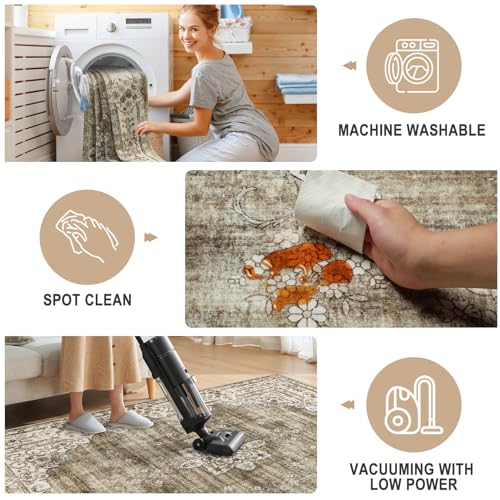 Area Rugs 9x12 Living Room: Washable Rug Vintage Large Soft Boho Floral Non-Slip Carpet Indoor Floor Stain Resistant Thin Carpets for Bedroom Dining Room Farmhouse Nursery Home Office - Brown Grey