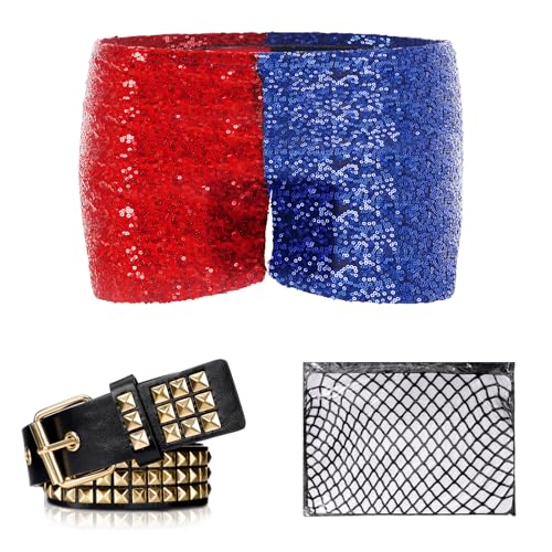 ramede 3 peças fantasia de Halloween vermelho e azul lantejoulas shorts booty cintura alta padrão ar