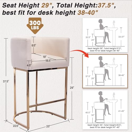 Image of HNY Modern Cream Counter Height Barrel Linen Fabric Upholstered Counter Stool, 29 Inch Kitchen Island Stool with Gold Metal Frame