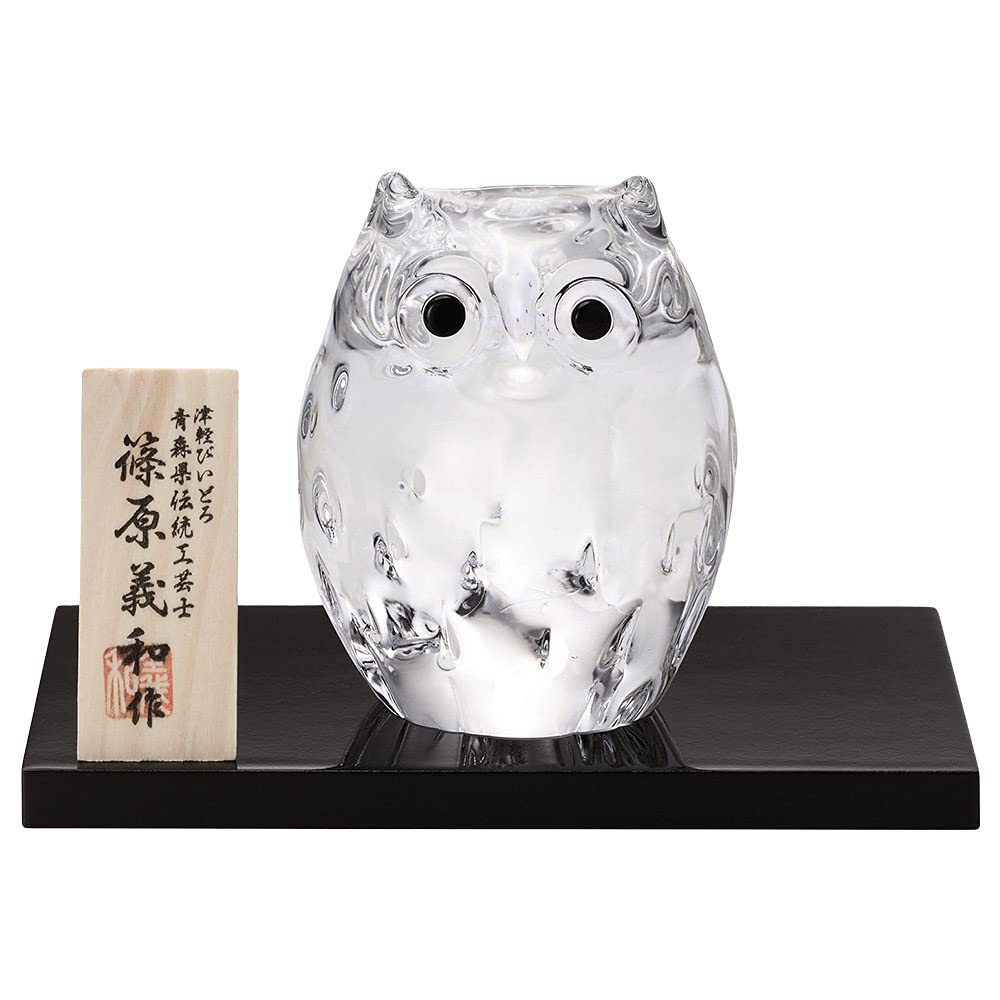 津軽びいどろ親子フクロウ ガラスオブジェ 2個セット ふくろう［9月