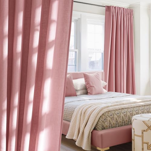 NICETOWN Thick Linen Pink Curtains for Girls Room, Rod Pocket & Back Tab Flax Linen Burlap Vertical Drapes Privacy Assured with Light Filtering Window Treatments for Bedroom, W55 x L84, 2 Pa