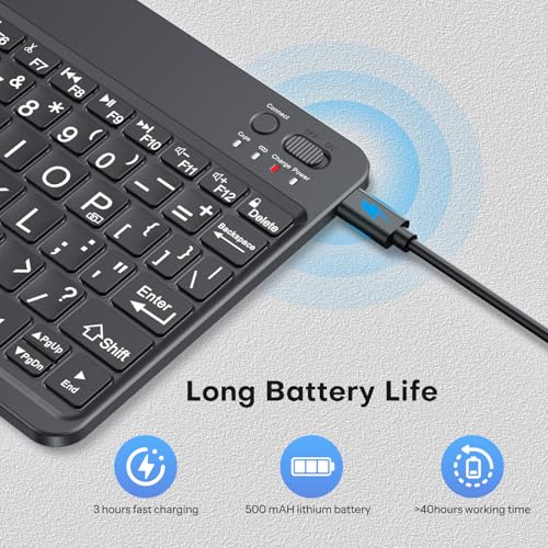 Image of OMOTON Large Print Bluetooth Keyboard for iPad & Tablets, Backlit, Black | Large print Bluetooth keyboard with 7-color backlight & large keycaps. Rechargeable, ultra-slim. For seniors students office